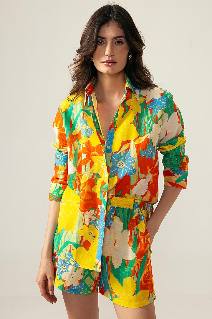 Red Cotton Linen Botanical Printed Co-Ord Set by Reena Sharma at Pernia's Pop Up Shop