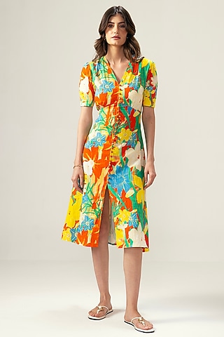 Red Double Cotton Botanical Printed Midi Dress by Reena Sharma