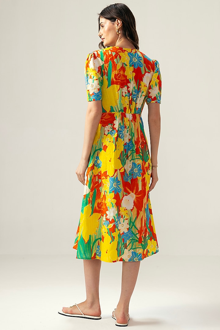 Red Double Cotton Botanical Printed Midi Summer Dress by Reena Sharma at Pernia's Pop Up Shop