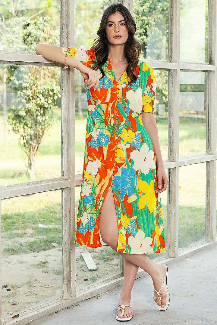 Red Double Cotton Botanical Printed Midi Summer Dress by Reena Sharma at Pernia's Pop Up Shop
