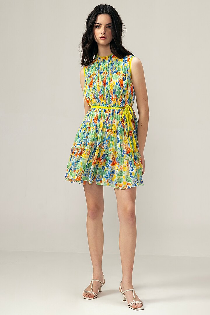 Pastel Pink Double Cotton Floral Printed Mini Summer Dress by Reena Sharma at Pernia's Pop Up Shop