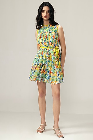 Pastel Pink Double Cotton Floral Printed Mini Dress by Reena Sharma