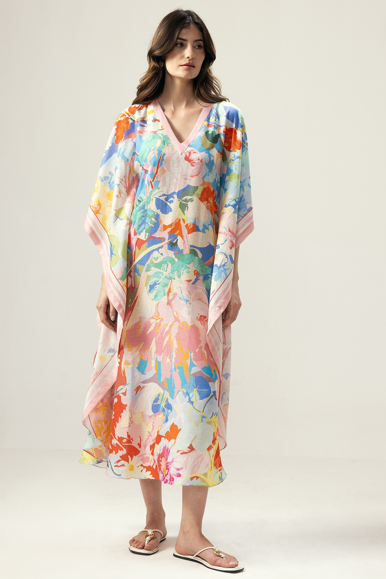 Multi-Colored Viscose Crinkled Chiffon Floral Printed Kaftan by Reena Sharma at Pernia's Pop Up Shop