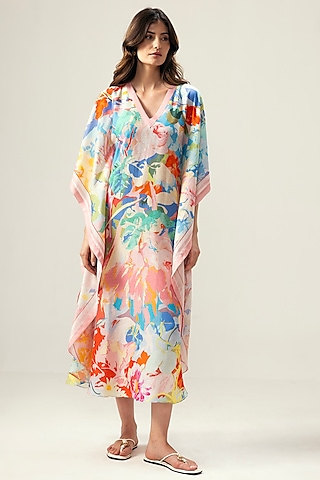 Multi-Colored Viscose Crinkled Chiffon Floral Printed Kaftan by Reena Sharma