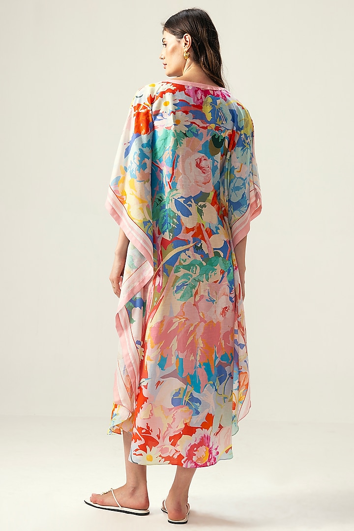 Multi-Colored Viscose Crinkled Chiffon Floral Printed Kaftan by Reena Sharma at Pernia's Pop Up Shop
