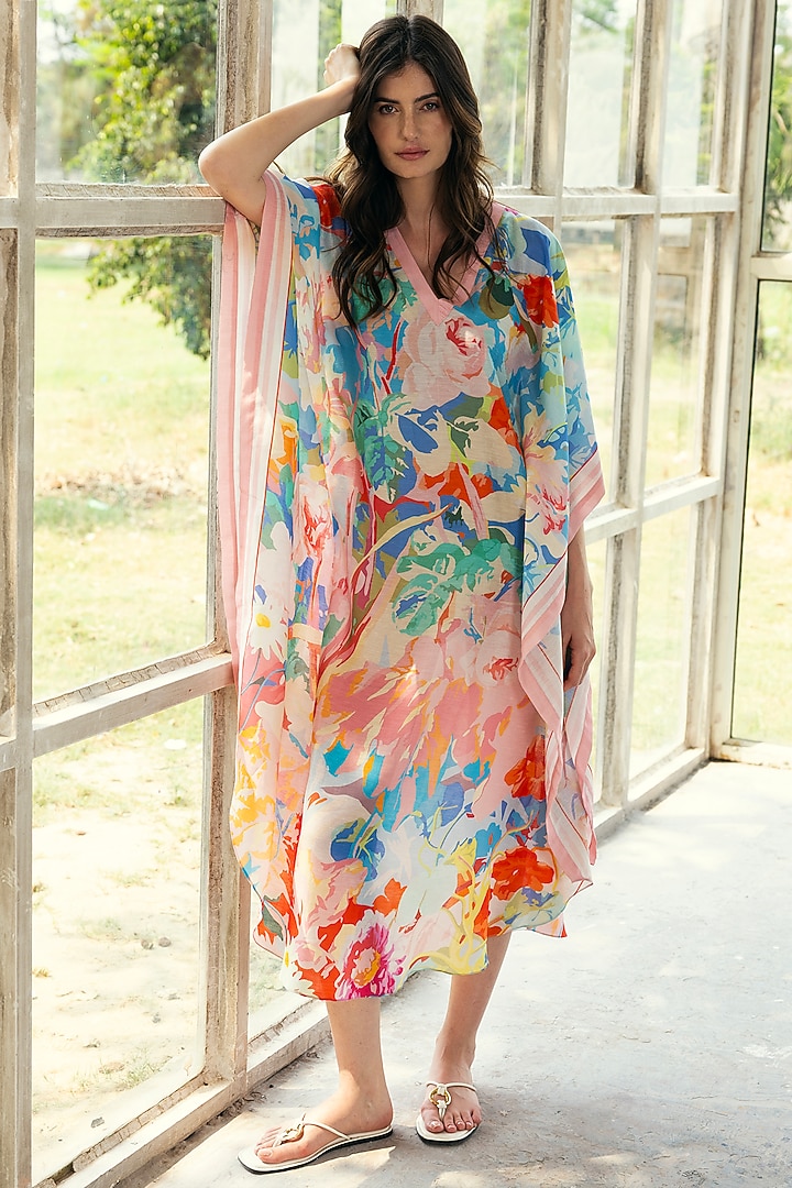 Multi-Colored Viscose Crinkled Chiffon Floral Printed Kaftan by Reena Sharma at Pernia's Pop Up Shop