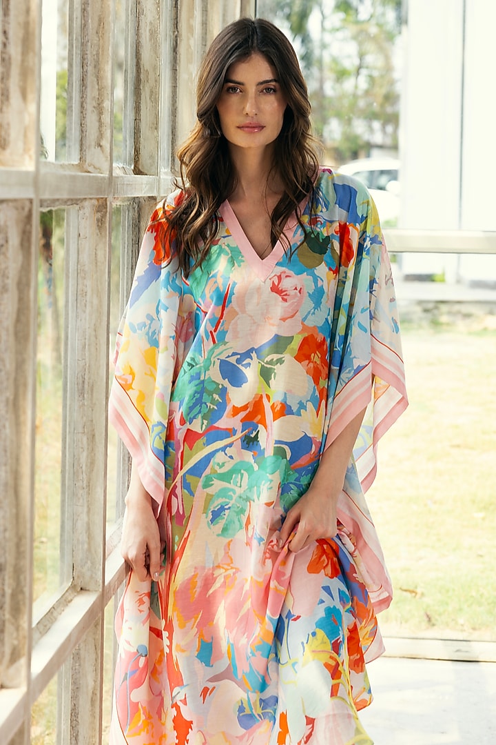 Multi-Colored Viscose Crinkled Chiffon Floral Printed Kaftan by Reena Sharma at Pernia's Pop Up Shop