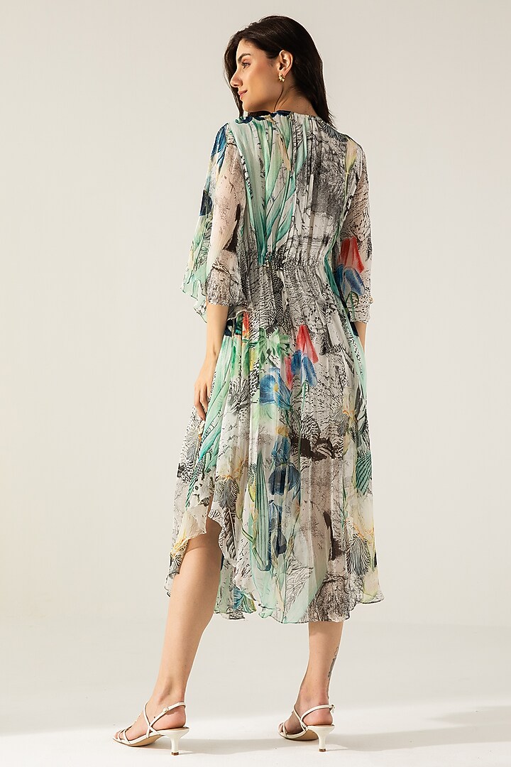 Off-White & Black Viscose Crinkled Chiffon Abstract Printed Midi Vacation Dress by Reena Sharma at Pernia's Pop Up Shop