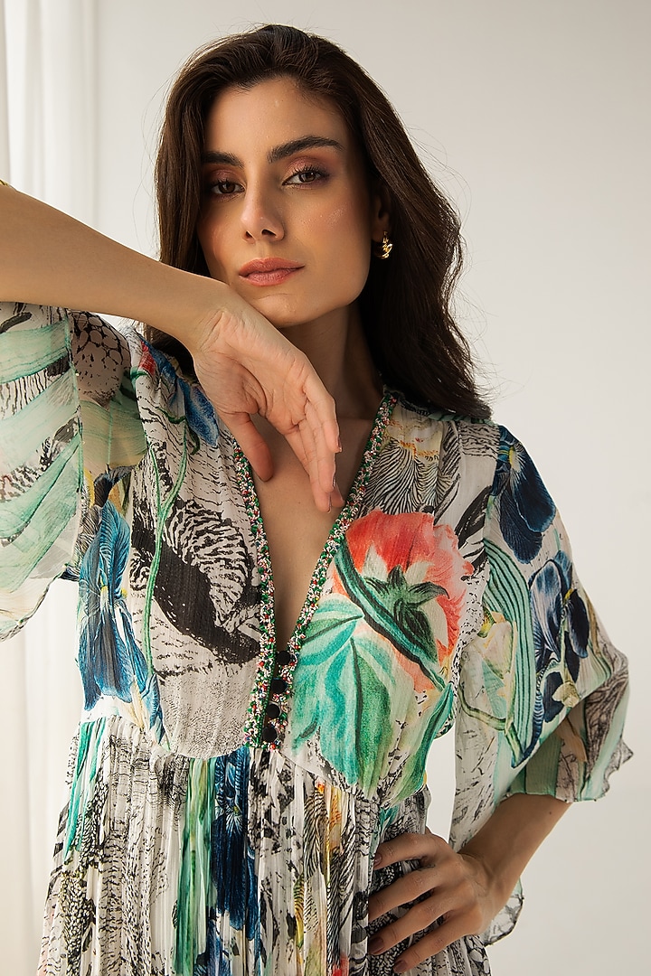 Off-White & Black Viscose Crinkled Chiffon Abstract Printed Midi Vacation Dress by Reena Sharma at Pernia's Pop Up Shop