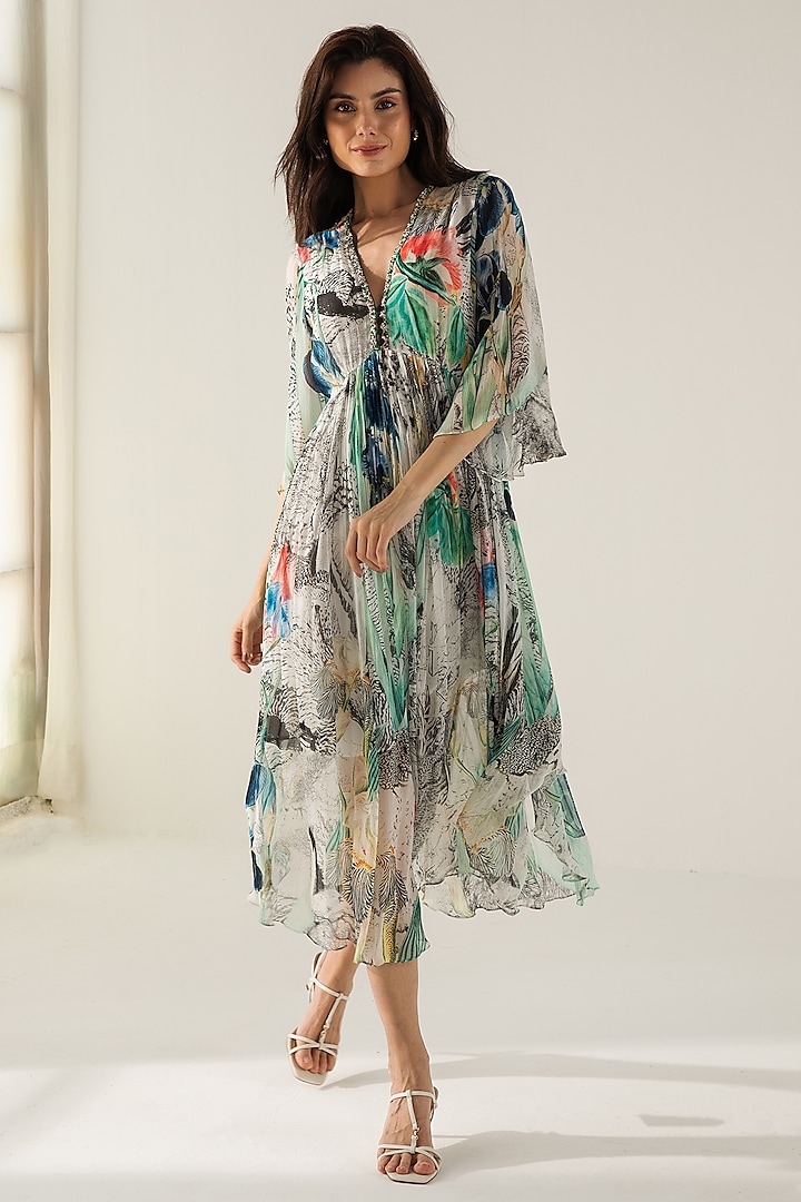 Off-White & Black Viscose Crinkled Chiffon Abstract Printed Midi Vacation Dress by Reena Sharma at Pernia's Pop Up Shop
