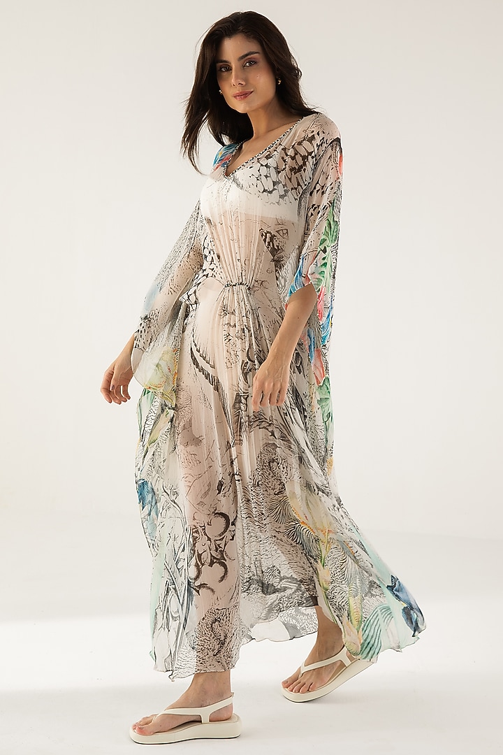 Off-White & Black Viscose Crinkled Chiffon Abstract Printed Kaftan by Reena Sharma at Pernia's Pop Up Shop