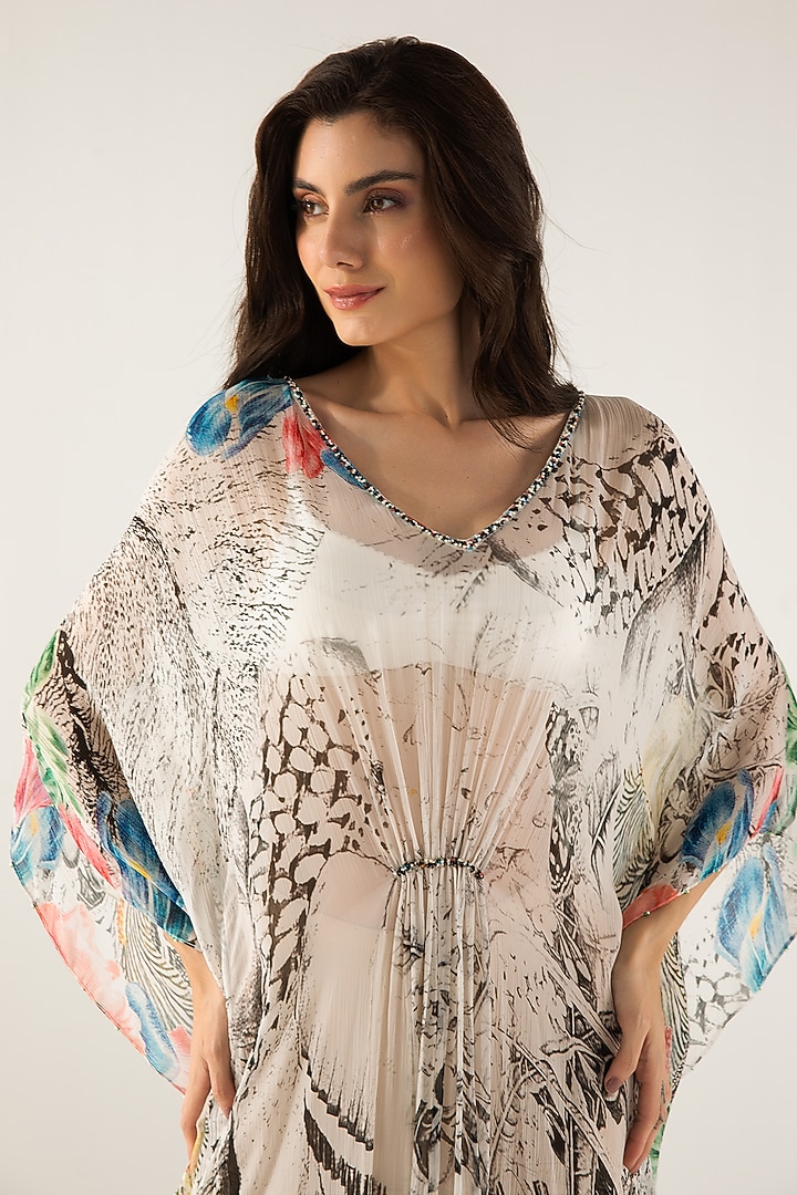 Off-White & Black Viscose Crinkled Chiffon Abstract Printed Kaftan by Reena Sharma at Pernia's Pop Up Shop