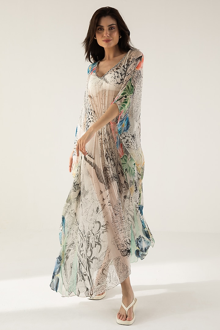 Off-White & Black Viscose Crinkled Chiffon Abstract Printed Kaftan by Reena Sharma at Pernia's Pop Up Shop
