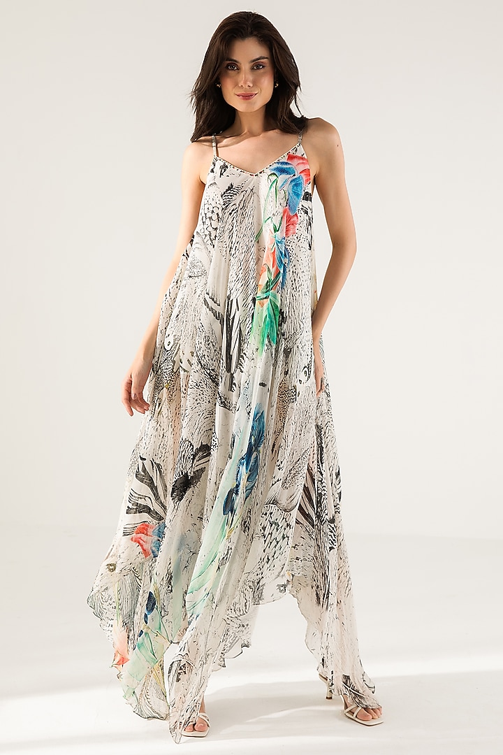 Off-White & Black Viscose Crinkled Chiffon Abstract Printed Maxi Dress by Reena Sharma at Pernia's Pop Up Shop