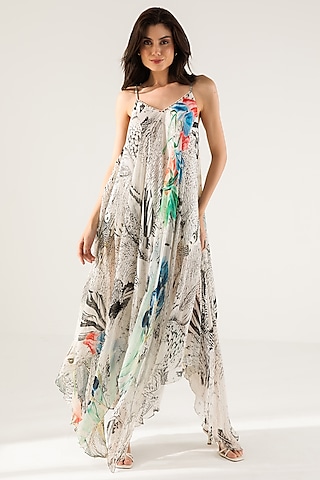 Off-White & Black Viscose Crinkled Chiffon Abstract Printed Maxi Dress by Reena Sharma