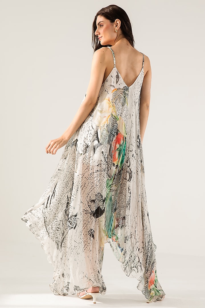 Off-White & Black Viscose Crinkled Chiffon Abstract Printed Maxi Vacation Dress by Reena Sharma at Pernia's Pop Up Shop
