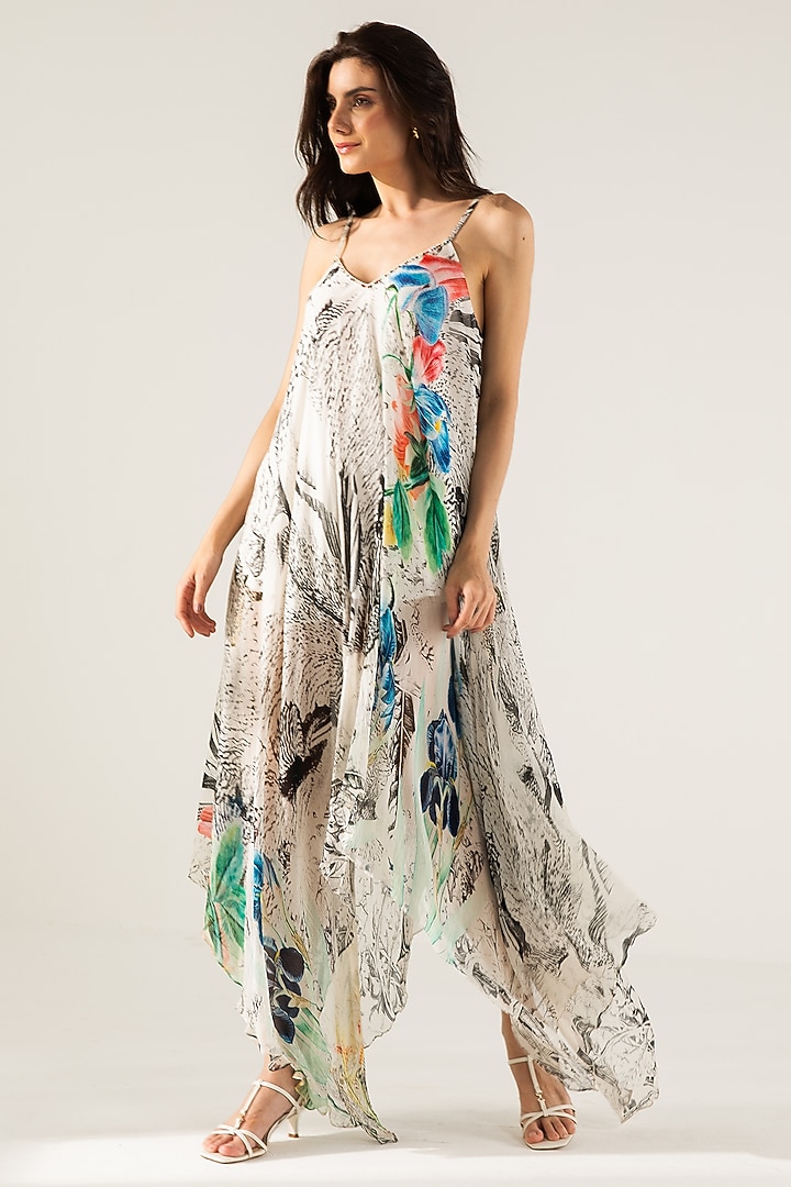 Off-White & Black Viscose Crinkled Chiffon Abstract Printed Maxi Vacation Dress by Reena Sharma at Pernia's Pop Up Shop