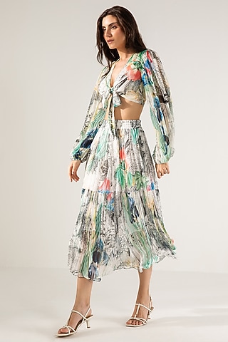 Off-White & Black Viscose Crinkled Chiffon Abstract Printed Skirt Set by Reena Sharma