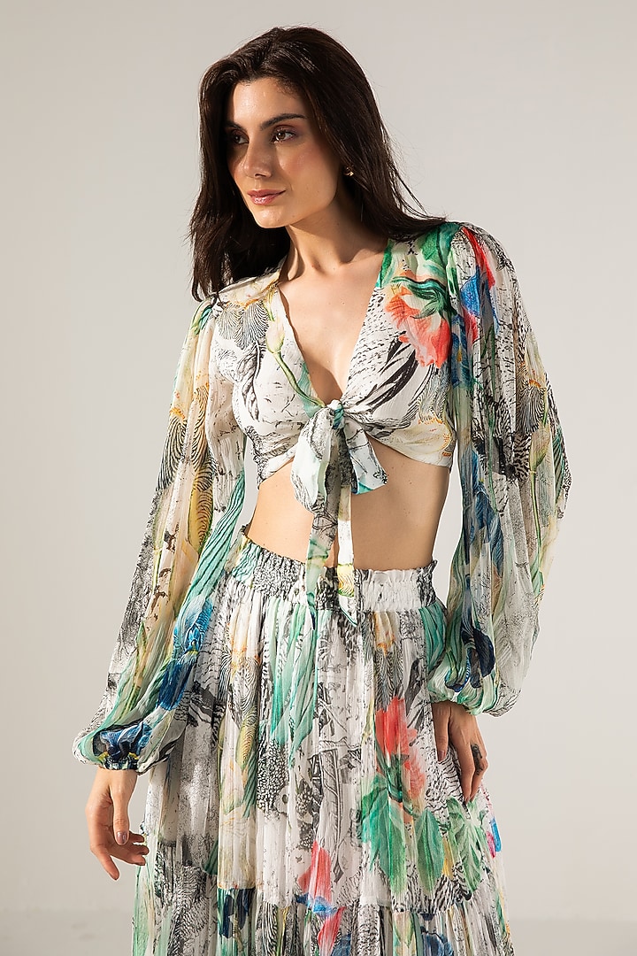 Off-White & Black Viscose Crinkled Chiffon Abstract Printed Skirt Set by Reena Sharma at Pernia's Pop Up Shop