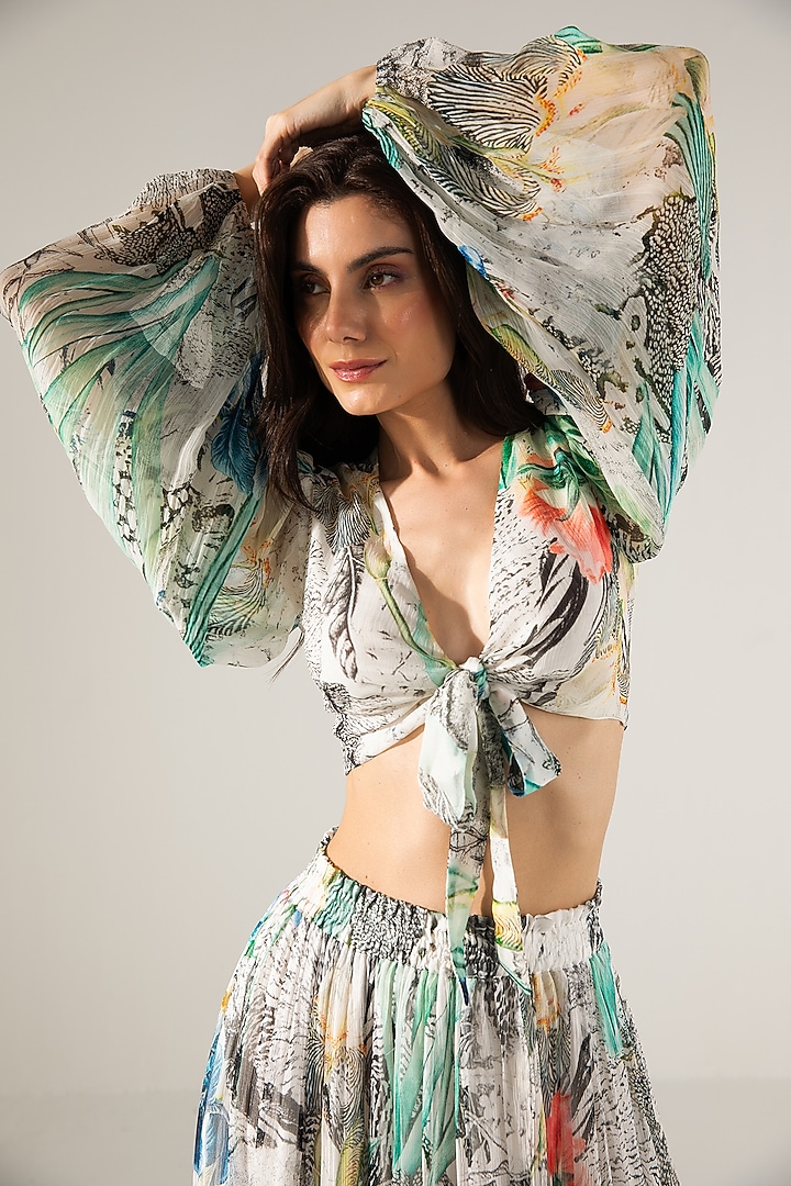 Off-White & Black Viscose Crinkled Chiffon Abstract Printed Skirt Set by Reena Sharma at Pernia's Pop Up Shop