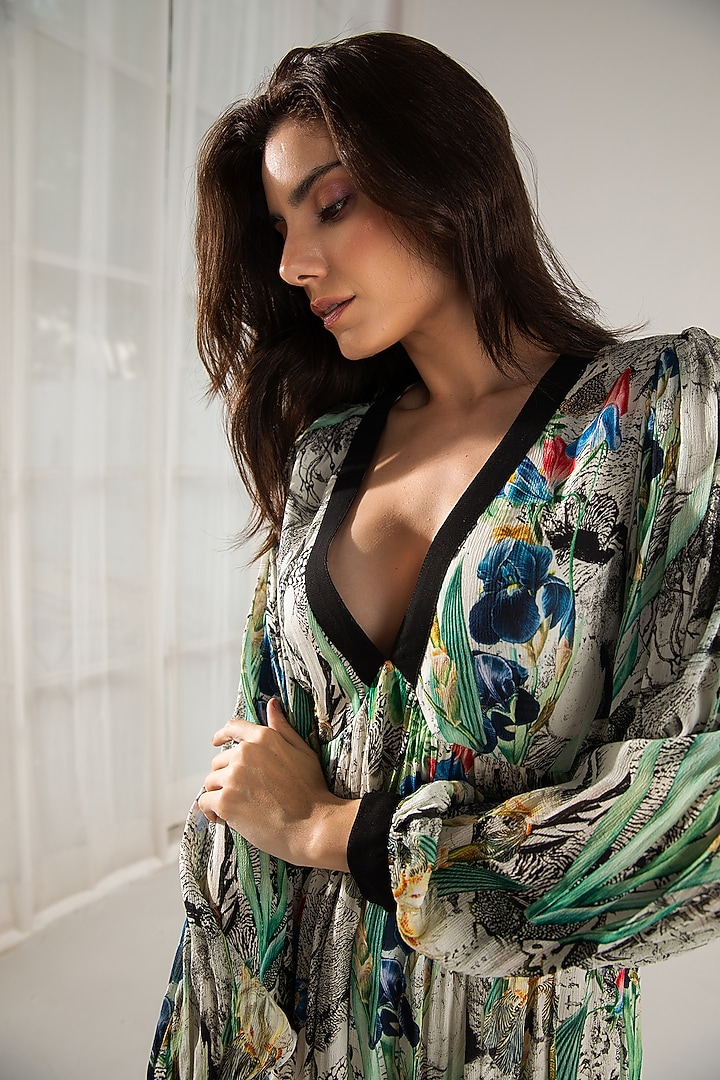 Off-White & Black Viscose Crinkled Chiffon Abstract Printed Mini Summer Dress by Reena Sharma at Pernia's Pop Up Shop