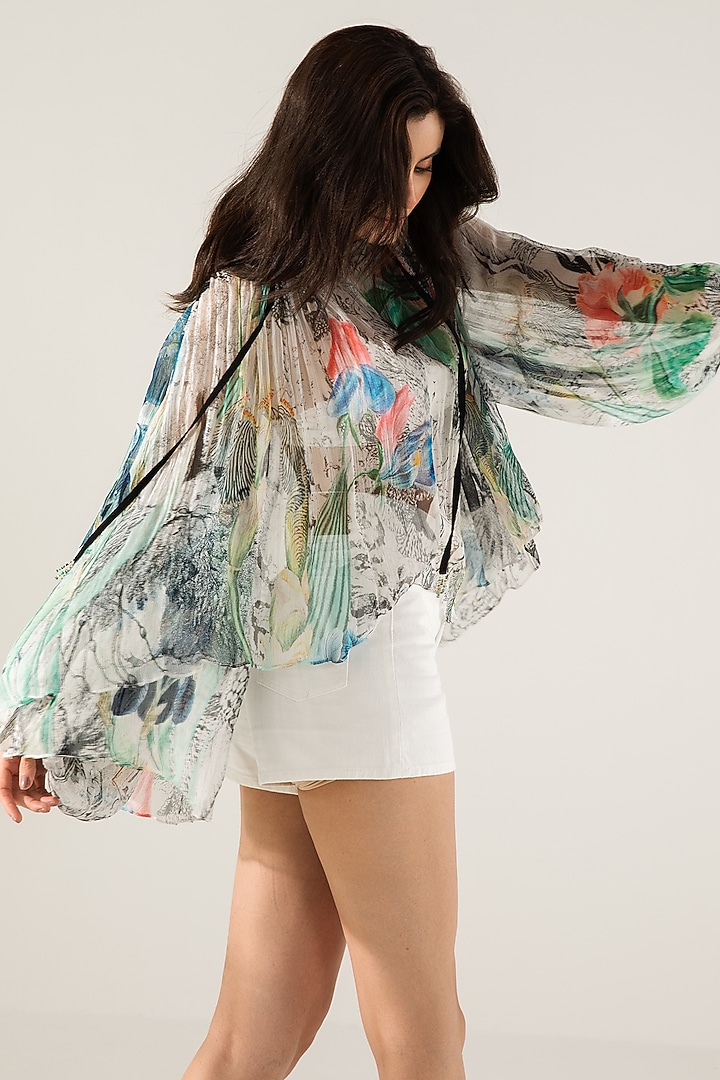 Off-White & Black Viscose Crinkled Chiffon Abstract Printed Top by Reena Sharma at Pernia's Pop Up Shop