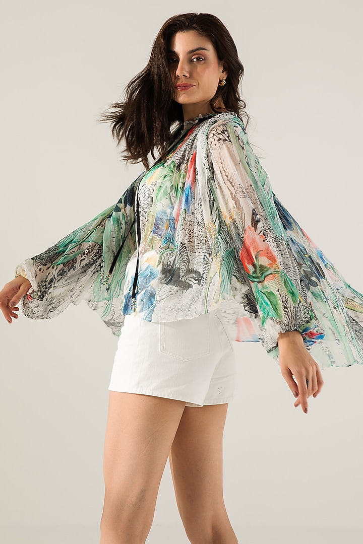Off-White & Black Viscose Crinkled Chiffon Abstract Printed Top by Reena Sharma at Pernia's Pop Up Shop