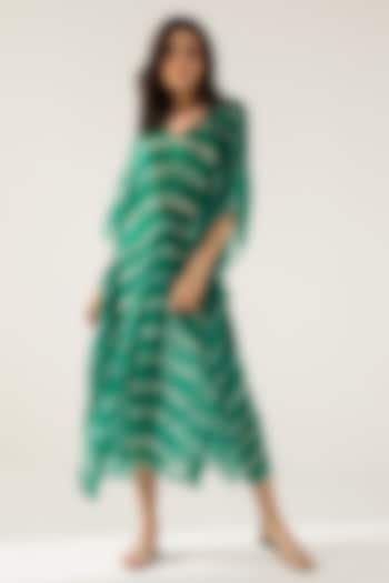 Emerald Green Viscose Crinkled Chiffon Abstract Stripe Printed Kaftan by Reena Sharma