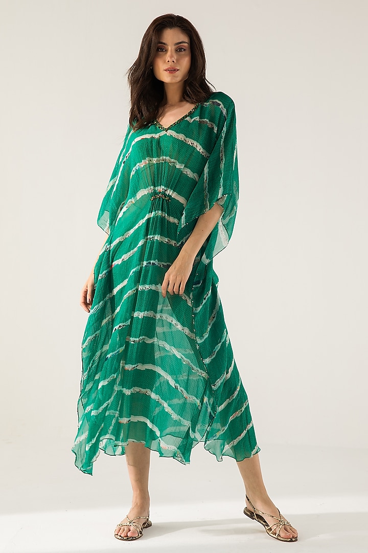 Emerald Green Viscose Crinkled Chiffon Abstract Stripe Printed Kaftan by Reena Sharma