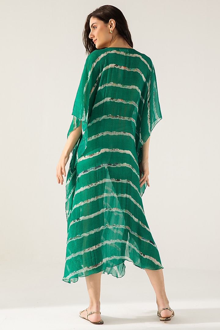 Emerald Green Viscose Crinkled Chiffon Abstract Stripe Printed Kaftan by Reena Sharma at Pernia's Pop Up Shop