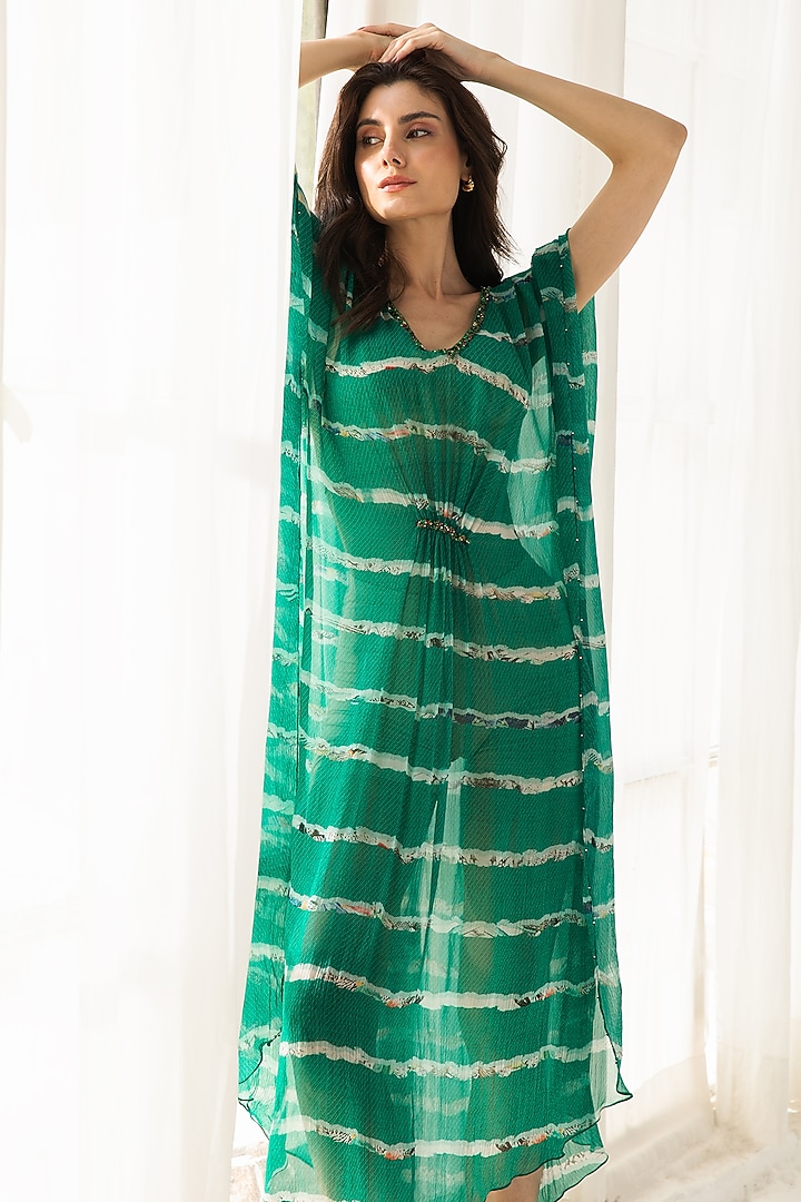 Emerald Green Viscose Crinkled Chiffon Abstract Stripe Printed Kaftan by Reena Sharma at Pernia's Pop Up Shop