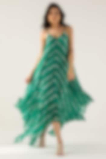 Emerald Green Viscose Crinkled Chiffon Abstract Stripe Printed Maxi Dress by Reena Sharma at Pernia's Pop Up Shop