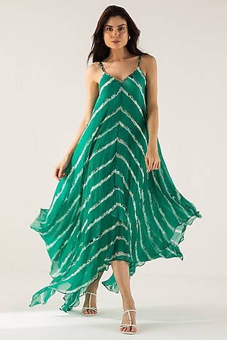 Emerald Green Viscose Crinkled Chiffon Abstract Stripe Printed Maxi Dress by Reena Sharma