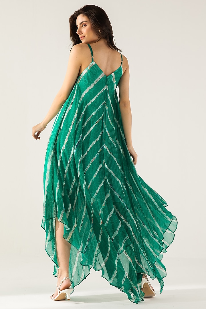 Emerald Green Viscose Crinkled Chiffon Abstract Stripe Printed Maxi Vacation Dress by Reena Sharma at Pernia's Pop Up Shop