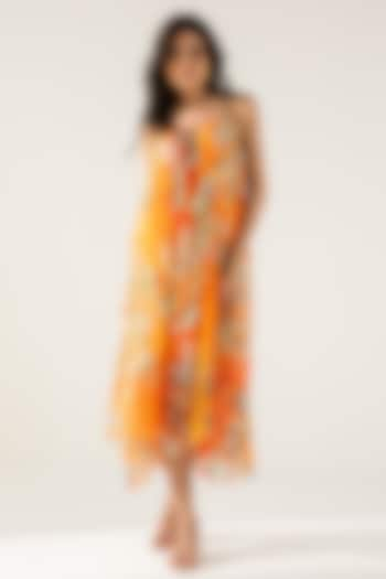 Orange Viscose Crinkled Chiffon Floral Printed Midi Dress by Reena Sharma