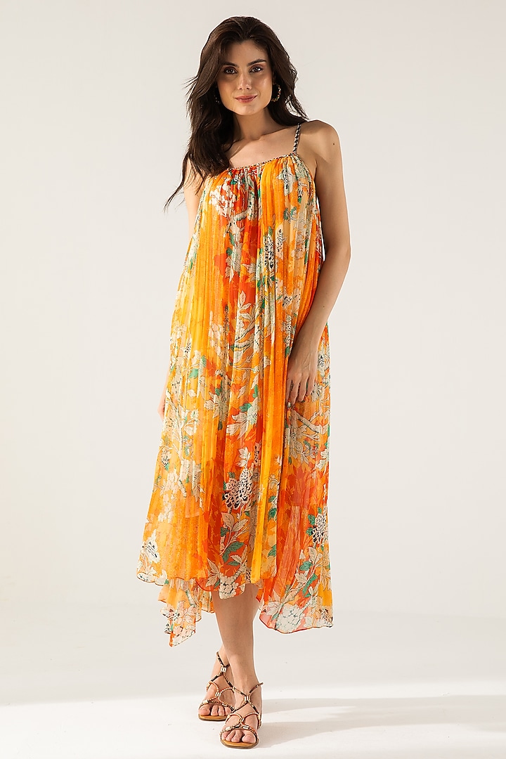 Orange Viscose Crinkled Chiffon Floral Printed Midi Dress by Reena Sharma