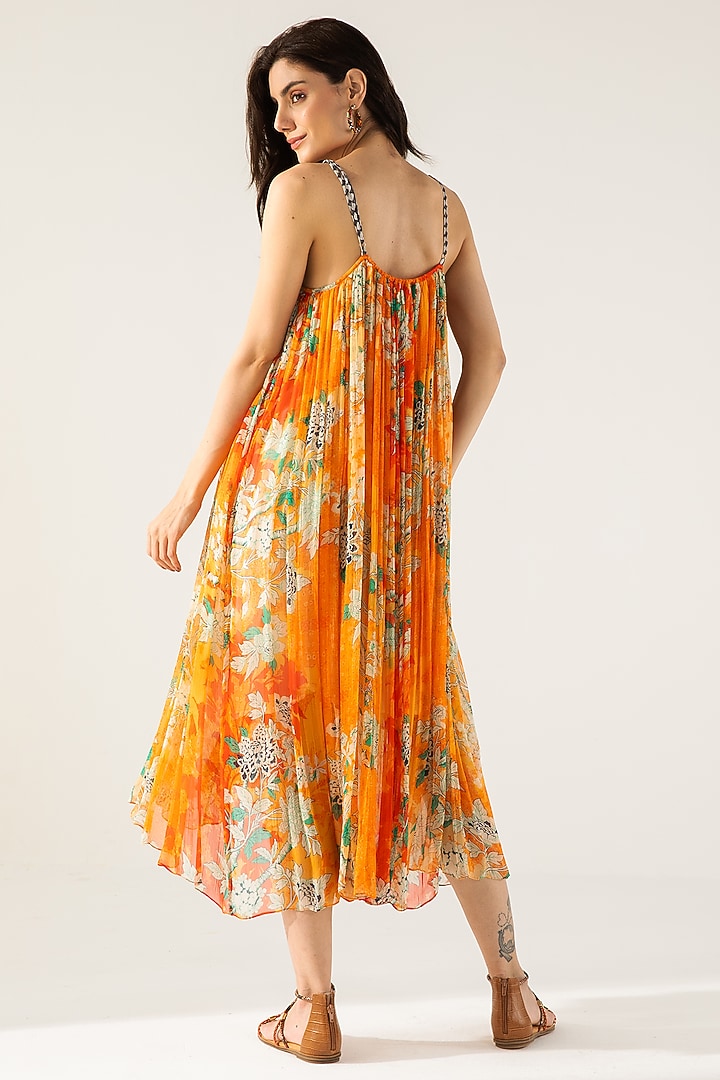 Orange Viscose Crinkled Chiffon Floral Printed Midi Vacation Dress by Reena Sharma at Pernia's Pop Up Shop