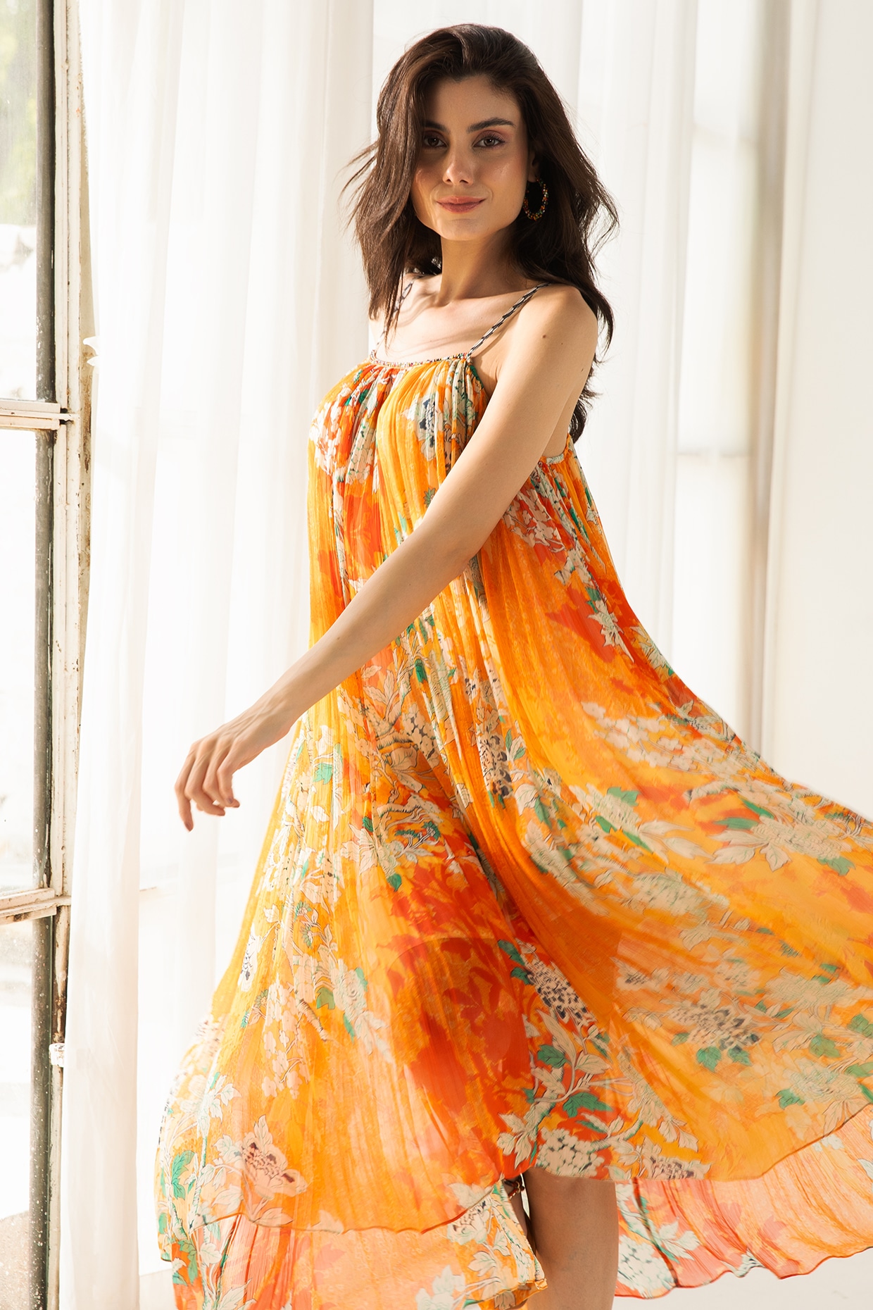 Orange Viscose Crinkled Chiffon Floral Printed Midi Dress by