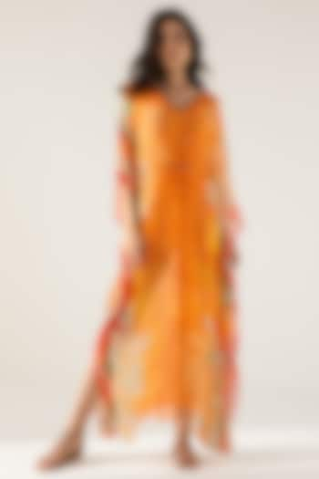 Orange Viscose Crinkled Chiffon Floral Printed Kaftan by Reena Sharma at Pernia's Pop Up Shop