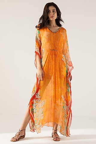 Orange Viscose Crinkled Chiffon Floral Printed Kaftan by Reena Sharma