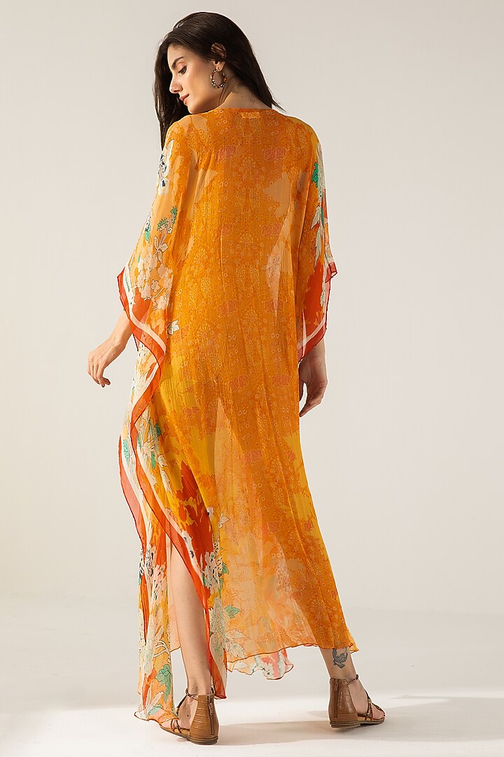 Orange Viscose Crinkled Chiffon Floral Printed Kaftan by Reena Sharma at Pernia's Pop Up Shop