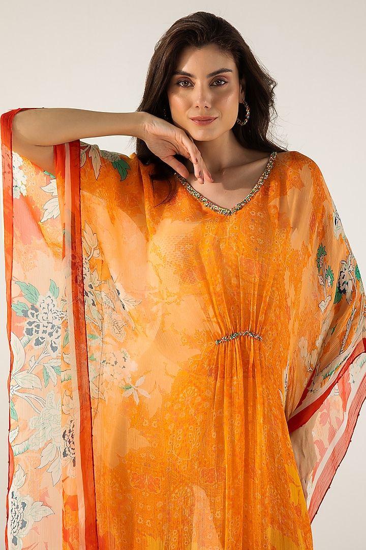 Orange Viscose Crinkled Chiffon Floral Printed Kaftan by Reena Sharma at Pernia's Pop Up Shop