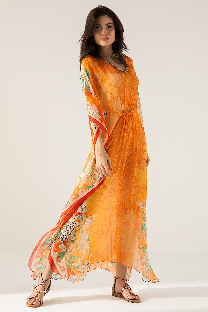Orange Viscose Crinkled Chiffon Floral Printed Kaftan by Reena Sharma at Pernia's Pop Up Shop
