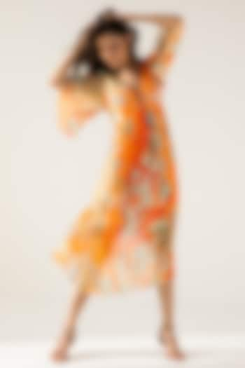 Orange Viscose Crinkled Chiffon Floral Printed Midi Dress by Reena Sharma at Pernia's Pop Up Shop