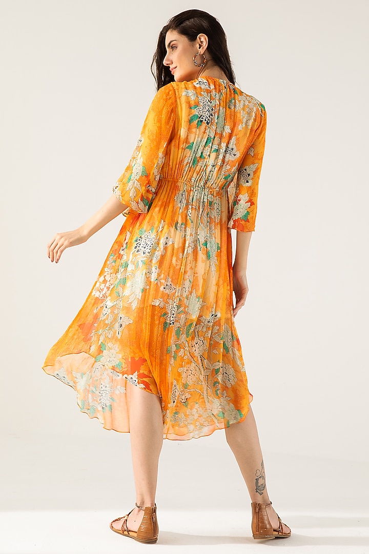 Orange Viscose Crinkled Chiffon Floral Printed Midi Vacation Dress by Reena Sharma at Pernia's Pop Up Shop