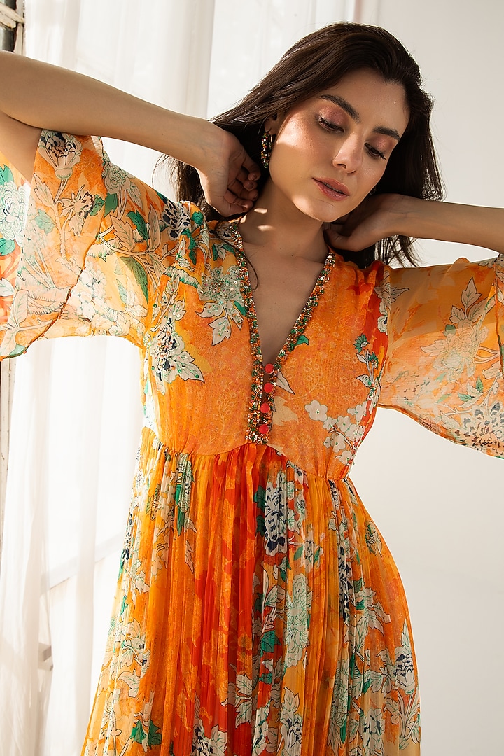 Orange Viscose Crinkled Chiffon Floral Printed Midi Vacation Dress by Reena Sharma at Pernia's Pop Up Shop