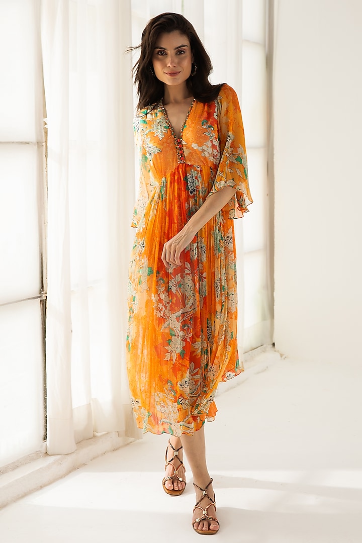 Orange Viscose Crinkled Chiffon Floral Printed Midi Vacation Dress by Reena Sharma at Pernia's Pop Up Shop