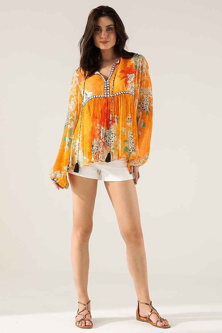 Orange Viscose Crinkled Chiffon Floral Printed Top by Reena Sharma