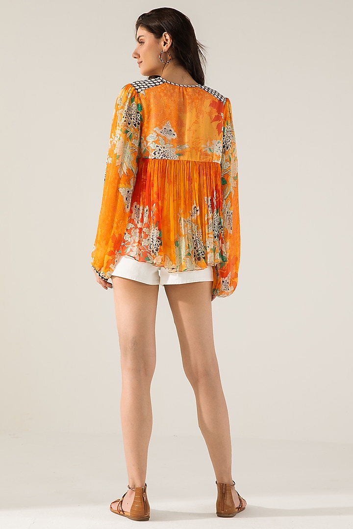 Orange Viscose Crinkled Chiffon Floral Printed Top by Reena Sharma at Pernia's Pop Up Shop