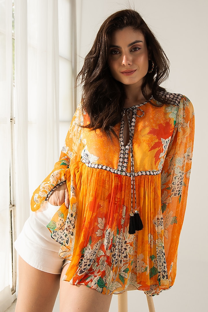 Orange Viscose Crinkled Chiffon Floral Printed Top by Reena Sharma at Pernia's Pop Up Shop